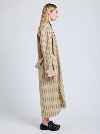 Proenza Schouler side image of model wearing Phillipa Dress in Stripe Cotton Silk Poplin in taupe multi
