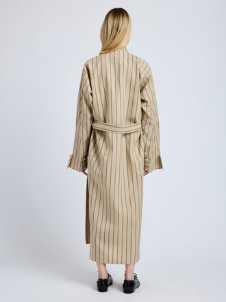 Proenza Schouler back image of model wearing Phillipa Dress in Stripe Cotton Silk Poplin in taupe multi