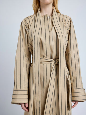 Proenza Schouler detail image of model wearing Phillipa Dress in Stripe Cotton Silk Poplin in taupe multi
