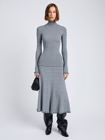 Proenza Schouler Front full length image of model wearing Phyllis Turtleneck in Geo Knits in Slate