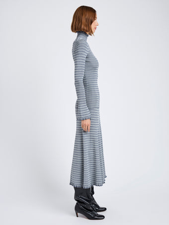 Proenza Schouler Side full length image of model wearing Phyllis Turtleneck in Geo Knits in Slate