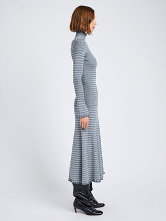 Proenza Schouler Side full length image of model wearing Phyllis Turtleneck in Geo Knits in Slate