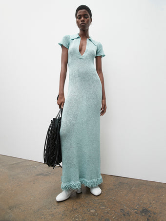 PF23 Collection Look 20: Pale Blue Mesh Crochet Dress, Black Macrame Drawstring Tote, and Optic White Sculpt Ankle Boots