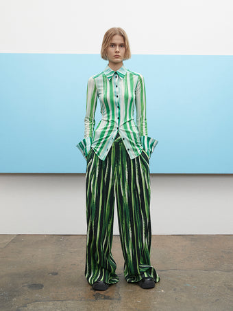 PF23 Collection Look 21: Painted Stripe Matte Jersey Shirt, Painted Stripe Crepe Pant, and Black Stomp Mules
