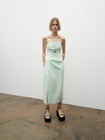 PF23 Collection Look 23: Mint Compact Terry Jersey Dress and Black Velvet Square Platform Sandals