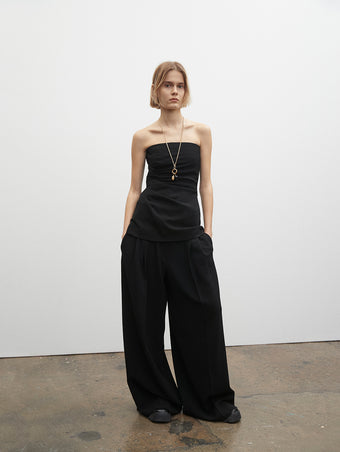 PF23 Collection Look 05: Black Matte Viscose Crepe Top, Black Matte Viscose Crepe Pant, and Black Stomp Mules