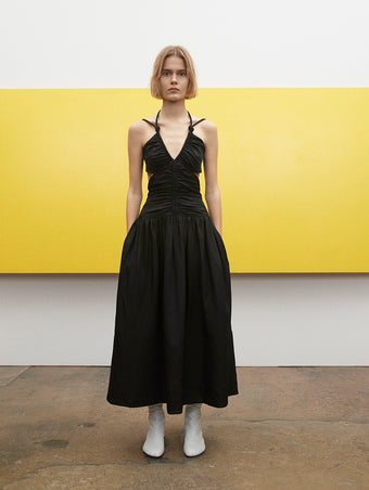 PF23 Collection Look 08: Black Viscose Linen Dress and Optic White Sculpt Ankle Boots