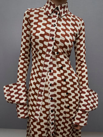 PF23 Collection Look 09: Wine / Ecru Printed Jersey Shirt Dress and Wine / Ecru Printed Jersey Shirt