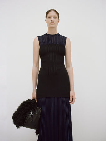 PS24 Look 10 - Navy Niki Dress, Black Large Puffy Nappa Ruched Tote, Black Bronco Mules, and Black Curly Shearling Scarf
