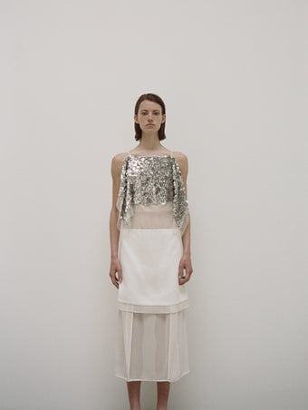 PS24 Look 12 - White Multi Zaha Dress in Embroidered Metallic Silk and Black Bronco Mules