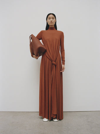 PS24 Look 14 - Tobacco Meret Dress, Cognac Ps 1 Tote, and Cream Glove Lace-ups 55mm