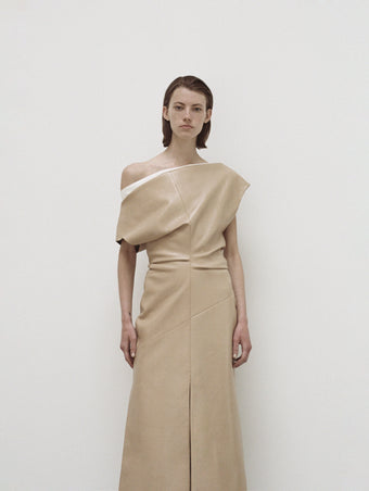 PS24 Look 15 - Light Khaki Rosa Dress in Nappa Leather, White Francesca Top, and Cream Glove Flat Lace-ups