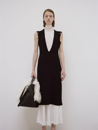 PS24 Look 24 - Black Mary Dress, Black Large Ps1 Tote, Black Bronco Mules, and Ecru Shearling Scarf