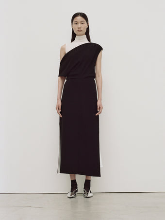 PS24 Look 06 - Black Rosa Off the Shoulder Dres, Off White Viscose Gauze Knit Slip, and Silver Point Slingback Pumps