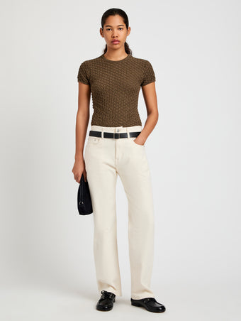 Proenza Schouler Front full length image of model wearing Quincy Top in Crochet in Wood