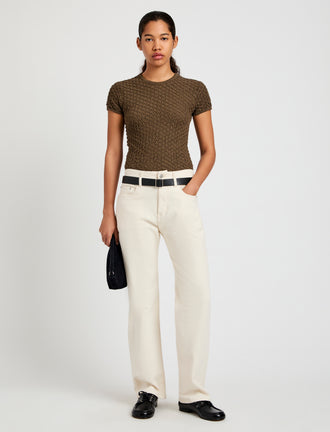 Proenza Schouler Front full length image of model wearing Quincy Top in Crochet in Wood