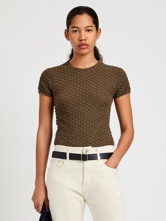 Proenza Schouler Front cropped image of model wearing Quincy Top in Crochet in Wood