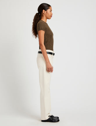 Proenza Schouler Side full length image of model wearing Quincy Top in Crochet in Wood
