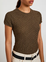 Proenza Schouler Detail image of model wearing the Quincy Top in Crochet in Wood