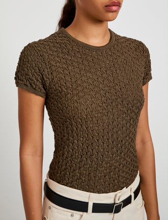 Proenza Schouler Detail image of model wearing the Quincy Top in Crochet in Wood