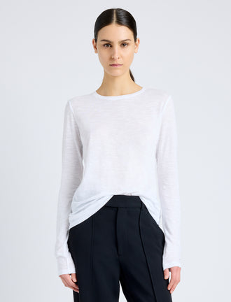 Proenza Schouler Front cropped image of model wearing Solid Tissue Jersey Long Sleeve Tee in WHITE
