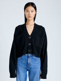 Front cropped image of model wearing Eco Cashmere Cardigan in BLACK