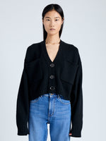 Front cropped image of model wearing Eco Cashmere Cardigan in BLACK