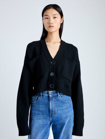 Detail image of model wearing Eco Cashmere Cardigan in BLACK