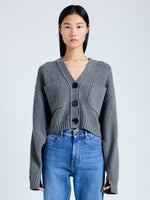 Front cropped image of model wearing Eco Cashmere Cardigan in GREY MELANGE
