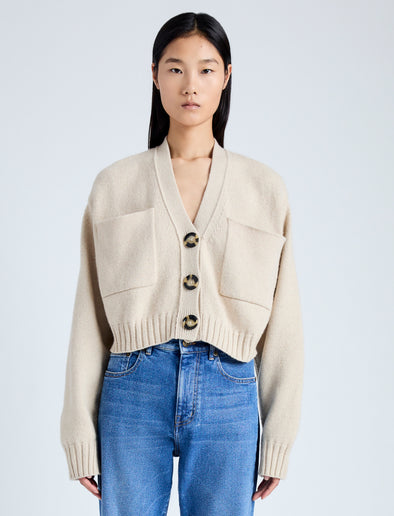 Front cropped image of model wearing Eco Cashmere Cardigan in OATMEAL