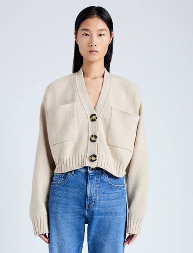 Front cropped image of model wearing Eco Cashmere Cardigan in OATMEAL