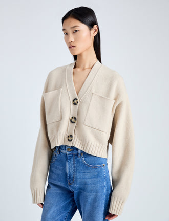 Detail image of model wearing Eco Cashmere Cardigan in OATMEAL