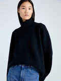 Detail image of model wearing Doubleface Eco Cashmere Oversized Turtleneck Sweater in BLACK