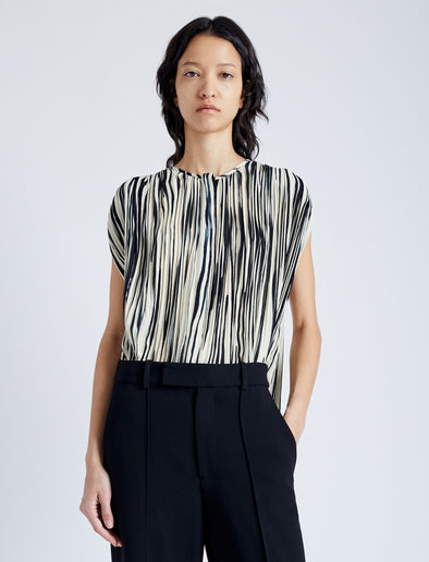 Cropped front image of model wearing Wade Top in Printed Sheer Pleated Chiffon