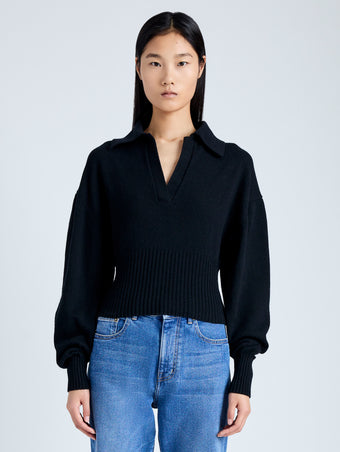 Cropped front image of model in Jeanne Sweater in Eco Cashmere in black