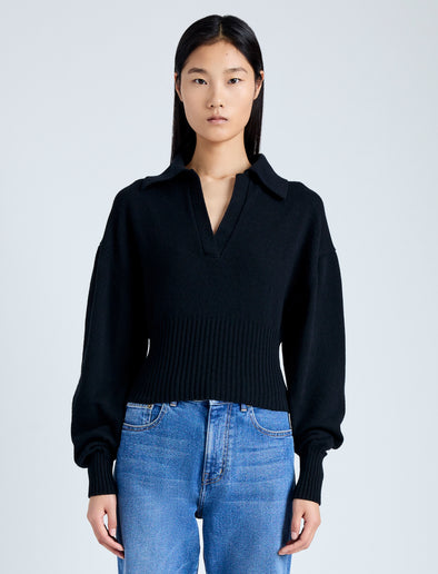 Cropped front image of model in Jeanne Sweater in Eco Cashmere in black