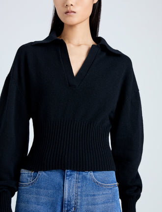 Detail image of model in Jeanne Sweater in Eco Cashmere in black