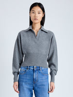 Cropped front image of model wearing Jeanne Polo Sweater in Eco Cashmere in grey melange