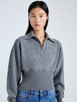 Detail image of model wearing Jeanne Polo Sweater in Eco Cashmere in grey melange