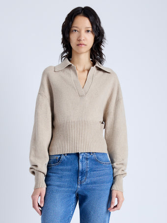 Front cropped image of model wearing Jeanne Sweater In Eco Cashmere in oatmeal