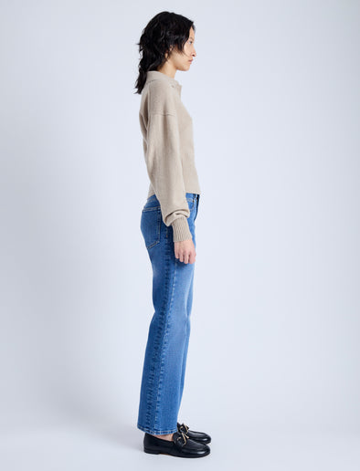 Side image of model wearing Jeanne Sweater In Eco Cashmere in oatmeal