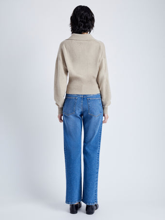 Back image of model wearing Jeanne Sweater In Eco Cashmere in oatmeal