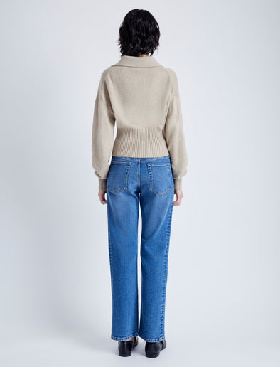 Back image of model wearing Jeanne Sweater In Eco Cashmere in oatmeal