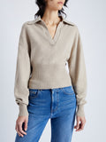Detail image of model wearing Jeanne Sweater In Eco Cashmere in oatmeal
