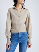 Detail image of model wearing Jeanne Sweater In Eco Cashmere in oatmeal