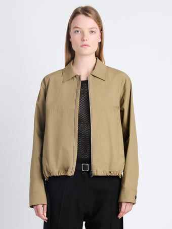 Front cropped image of model wearing Emerson Jacket In Washed Cotton Poplin in DRAB