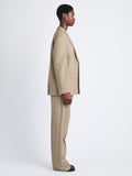 Side image of model wearing Devon Jacket In Viscose Wool in dark khaki