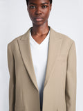 Detail image of model wearing Devon Jacket In Viscose Wool in dark khaki