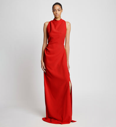 Front image of model wearing Faye Backless Dress In Matte Viscose Crepe in red
