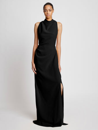 Front image of model in Matte Crepe Backless Dress in black